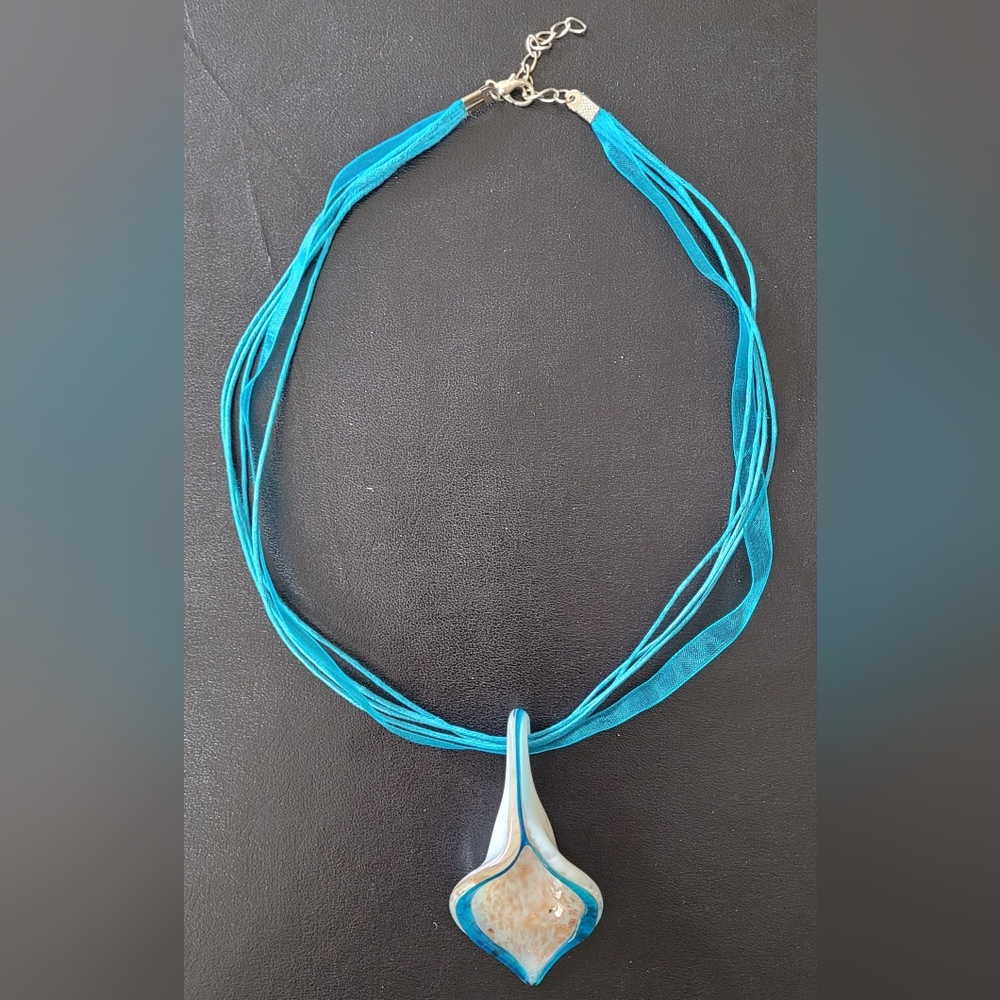 Glass Bead Calla Lily Teardrop Slide Pendant White Blue Gold Specks Necklace